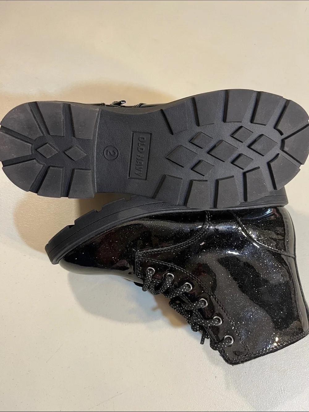 Old Navy Black Patent Lace-Up Kids Ankle Boots with Side Zip